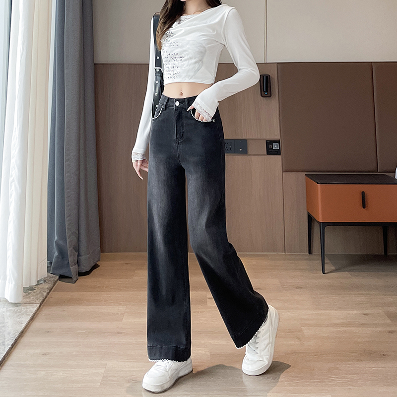 實拍2026春季小個子彈力刺繡牛仔褲女寬松型直筒褲九分褲