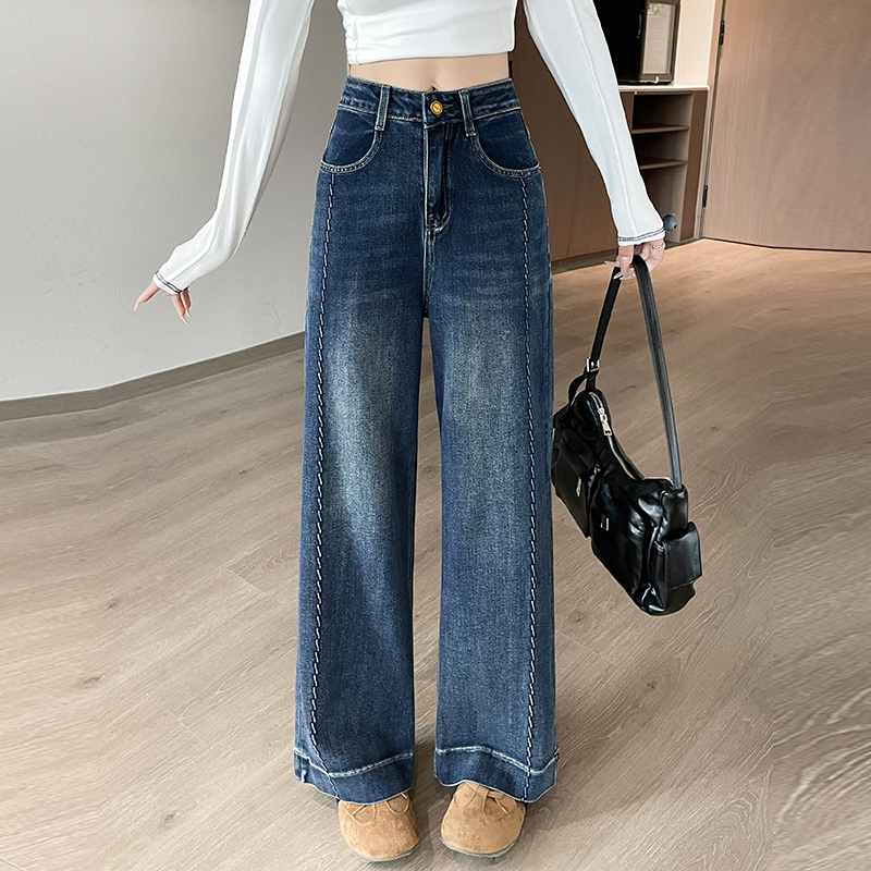 實拍2026春季小個子彈力黑灰刺繡牛仔褲女寬松型闊腿褲喇叭褲
