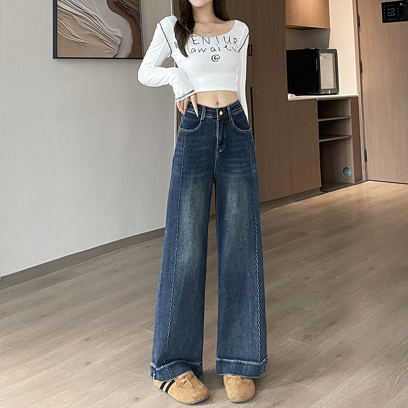 實拍2026春季小個子彈力黑灰刺繡牛仔褲女寬松型闊腿褲喇叭褲
