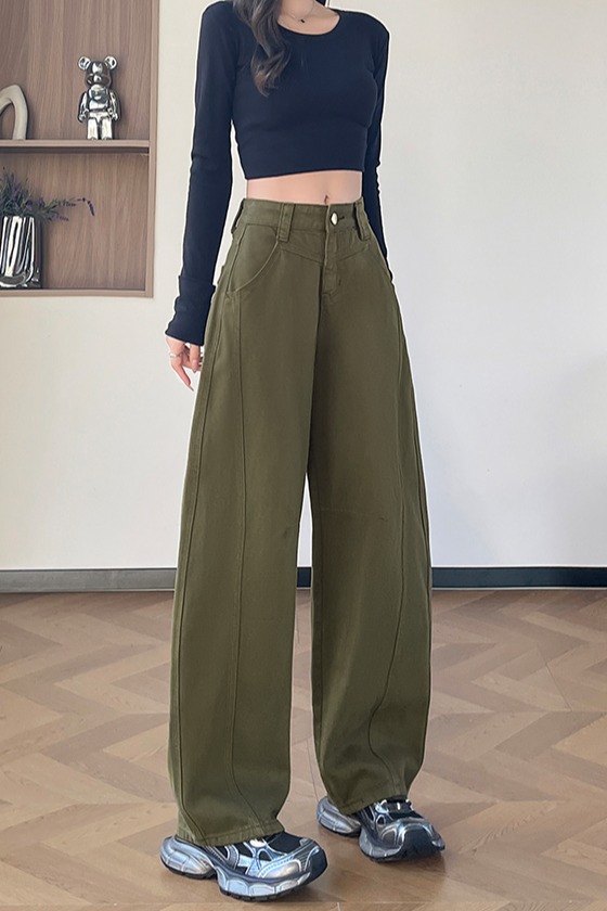 實拍2026春季小個子軍綠色彎刀褲牛仔褲女顯瘦蘿卜褲哈倫褲工裝褲