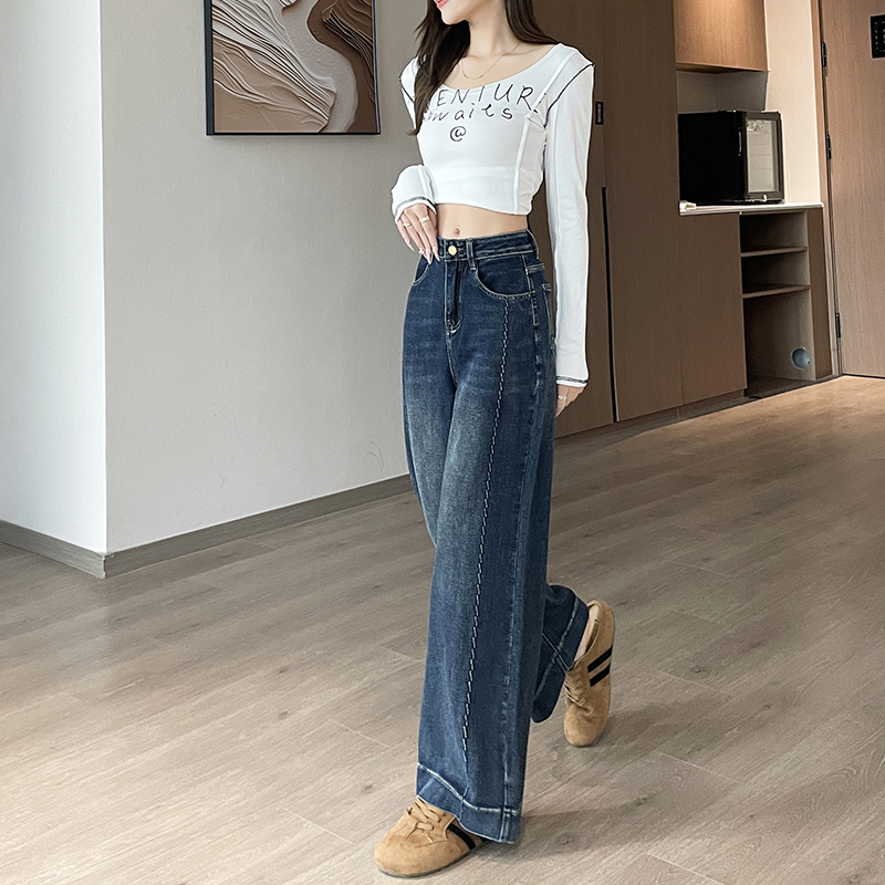 實拍2026春季小個子彈力刺繡牛仔褲女寬松型舒適闊腿褲喇叭褲