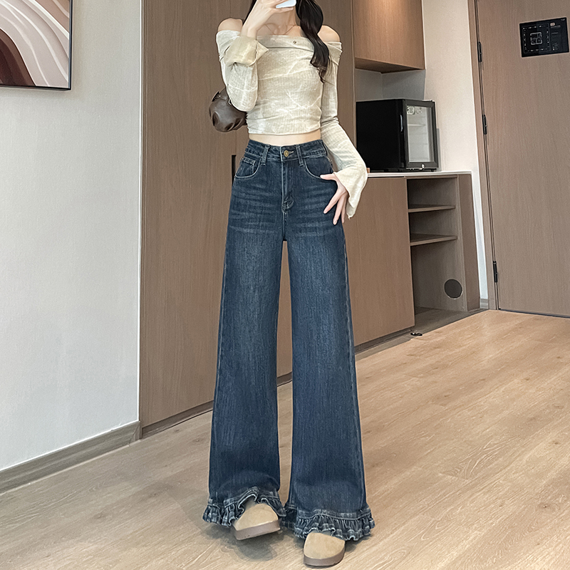 實拍2026年春季小個子牛仔褲女法式復古木耳花邊闊腿褲松弛