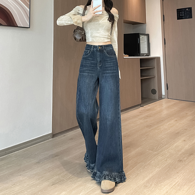 實拍2026年春季小個子牛仔褲女法式復古木耳花邊闊腿褲松弛