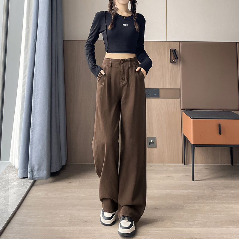 實拍2026年春季咖色小個子褶皺牛仔褲女高腰闊腿褲直筒褲150