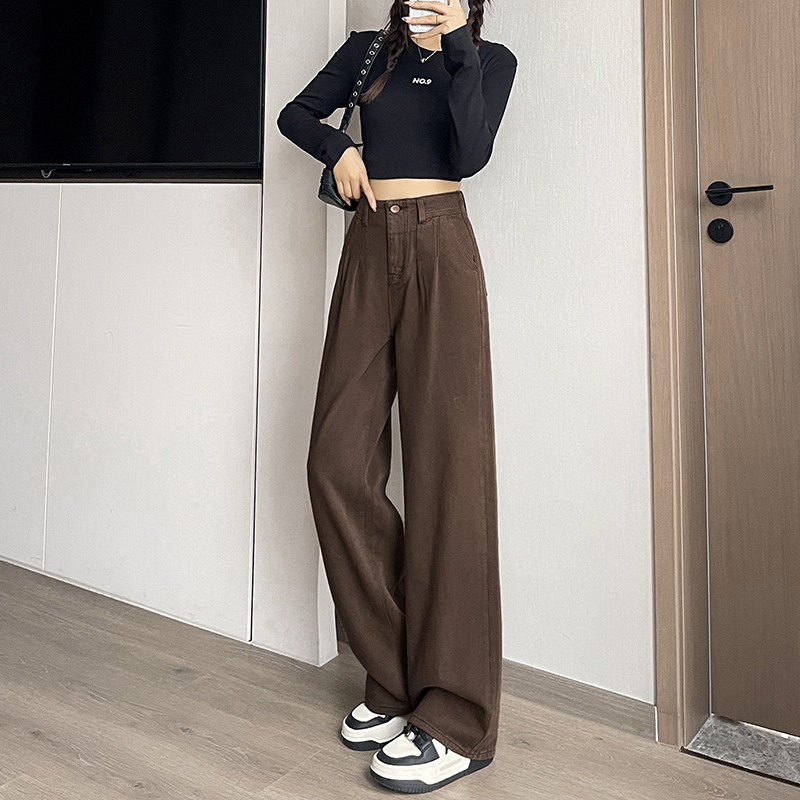 實拍2026年春季咖色小個子褶皺牛仔褲女高腰闊腿褲直筒褲150
