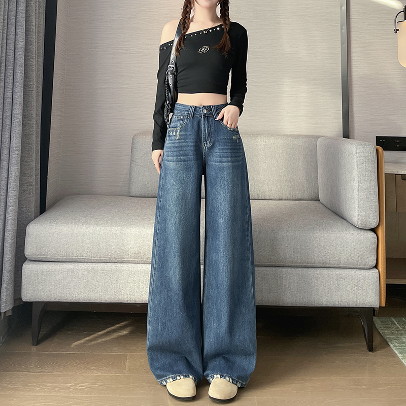實拍2026新款春季小個子重工牛仔褲女磨破闊腿褲高腰設計感直筒褲