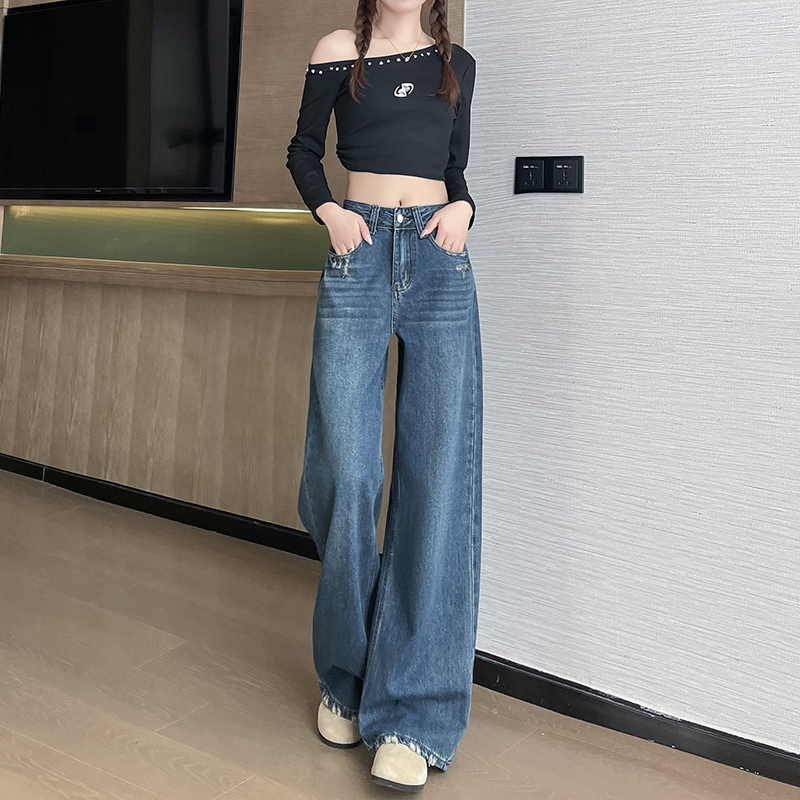 實拍2026新款春季小個子重工牛仔褲女磨破闊腿褲高腰設計感直筒褲