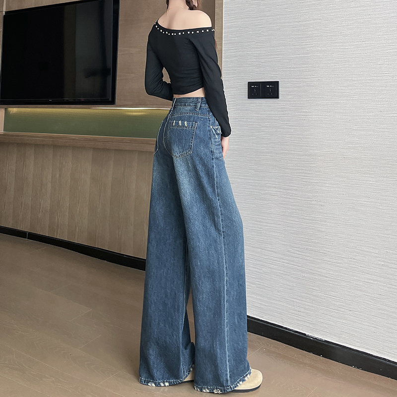 實拍2026新款春季小個子重工牛仔褲女磨破闊腿褲高腰設計感直筒褲