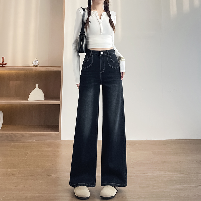 實拍2026春季小個子彈力刺繡扎染重工牛仔褲女闊腿褲高腰直筒褲