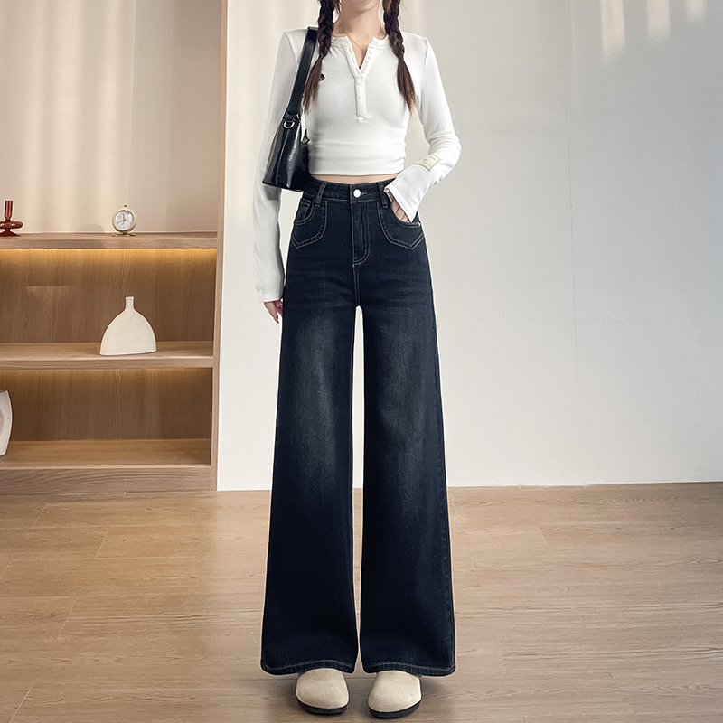 實拍2026春季小個子彈力刺繡扎染重工牛仔褲女闊腿褲高腰直筒褲