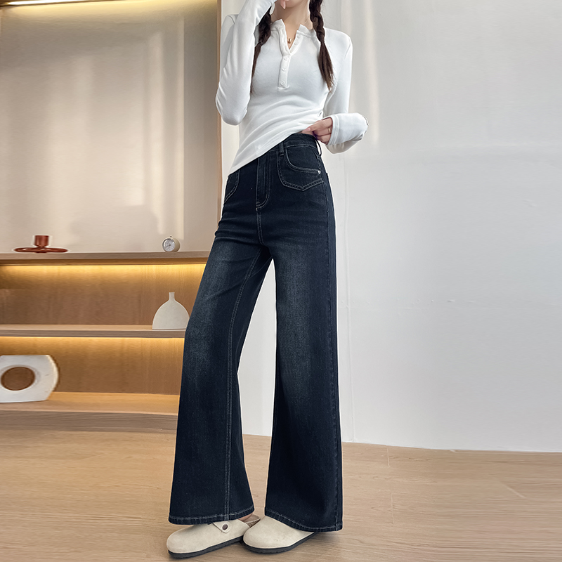 實拍2026春季小個子彈力刺繡扎染重工牛仔褲女闊腿褲高腰直筒褲