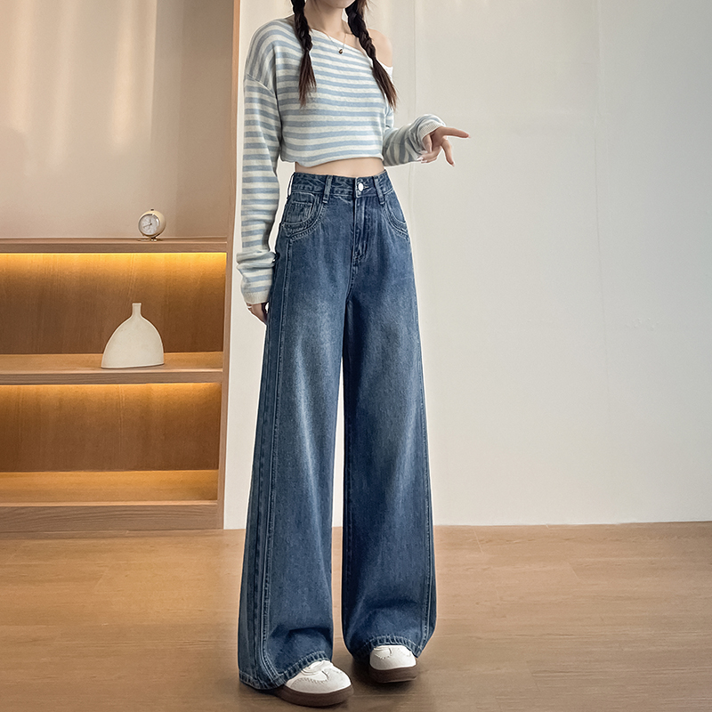 實拍2026春季新款小個子牛仔褲女拼接闊腿褲高腰直筒褲九分褲