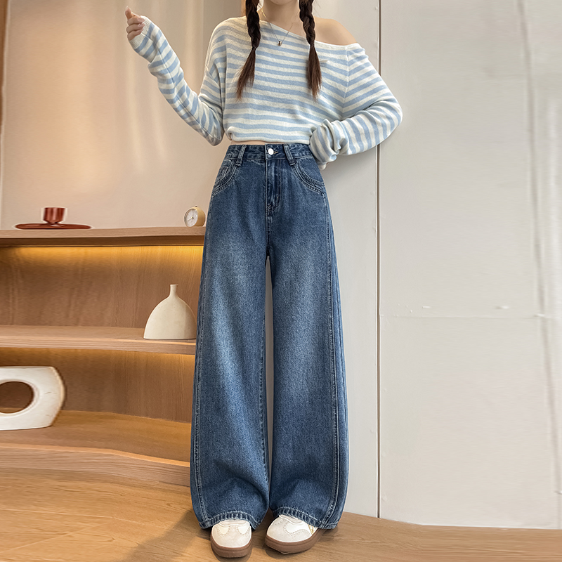 實拍2026春季新款小個子牛仔褲女拼接闊腿褲高腰直筒褲九分褲