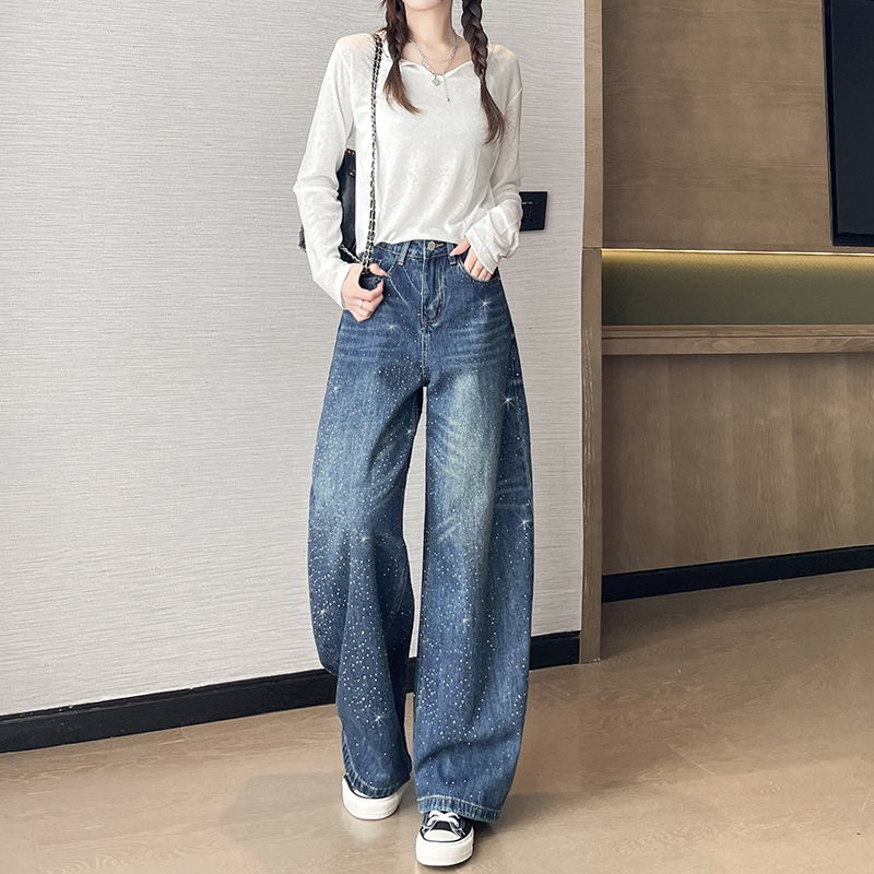 實拍2026春季重工滿天星燙鉆彎刀牛仔褲女寬松直筒褲高腰闊腿褲