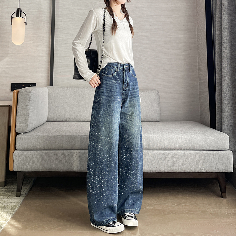 實拍2026春季重工滿天星燙鉆彎刀牛仔褲女寬松直筒褲高腰闊腿褲