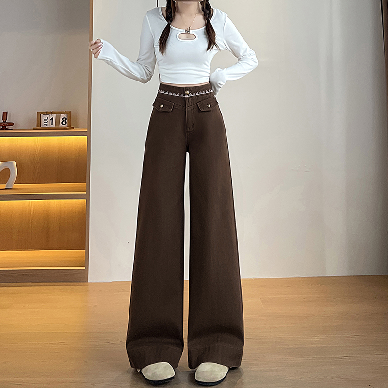 實拍2026春季新款咖色小個子闊腿褲重工刺繡牛仔褲女直筒褲高腰