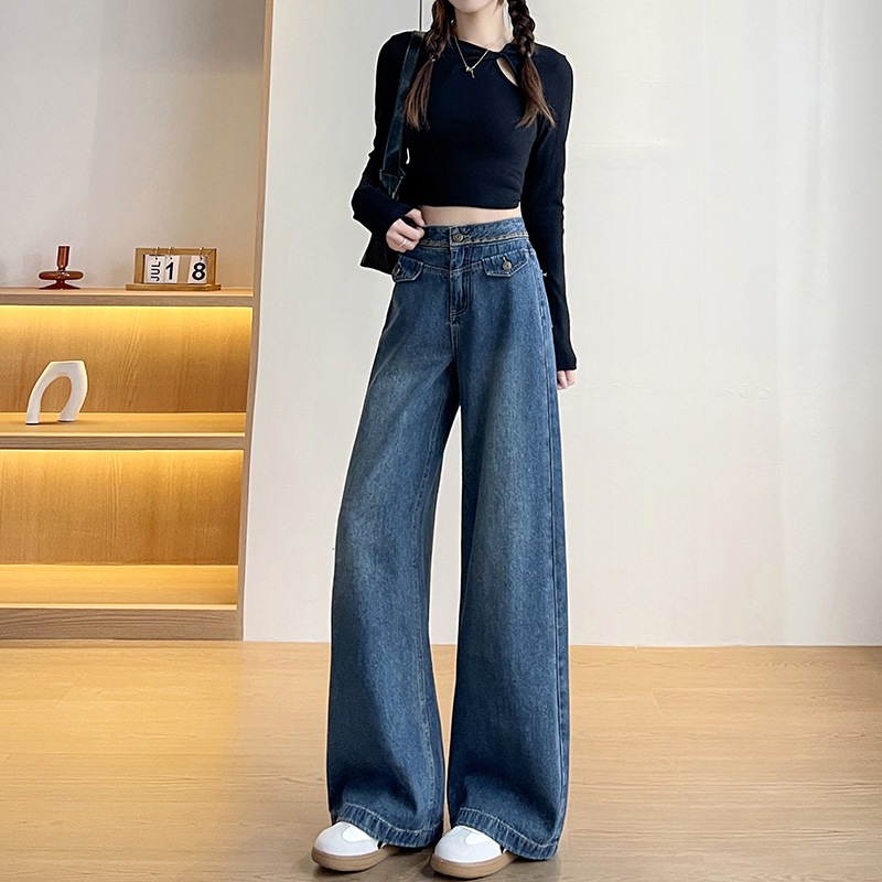 實拍2026春季新款咖色小個子闊腿褲重工刺繡牛仔褲女直筒褲高腰