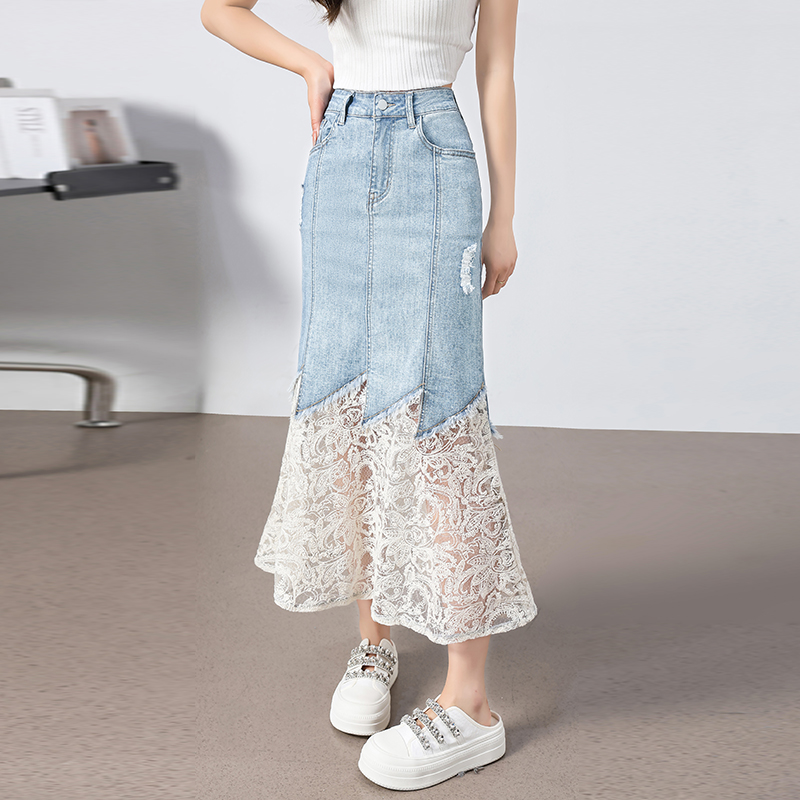 RY677# 实拍2026新款夏季牛仔裙蕾丝拼接裙网纱裙半身裙长裙小个子