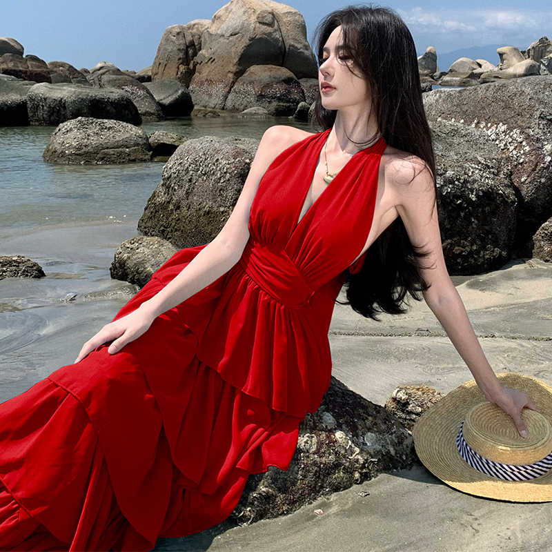 性感海邊度假風深V掛脖連衣裙露背綁帶蛋糕超仙長裙