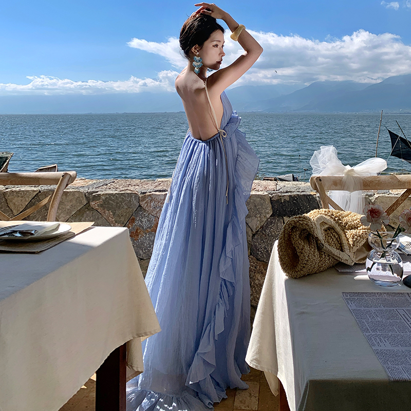 浪漫荷葉邊吊帶V領性感不規則仙女連衣裙看展聚會沙灘度假裙