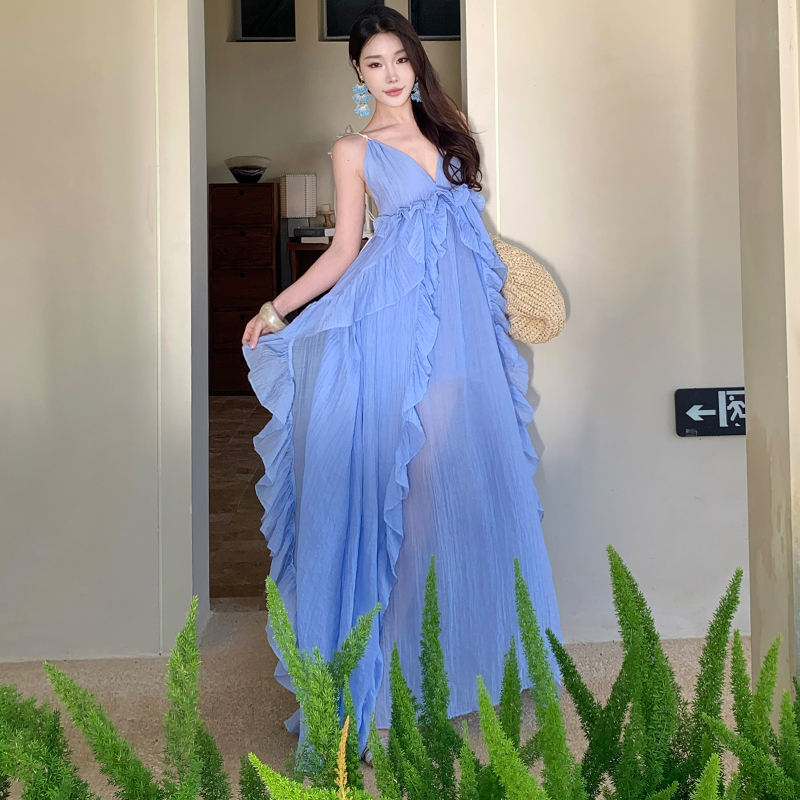 浪漫荷葉邊吊帶V領性感不規則仙女連衣裙看展聚會沙灘度假裙