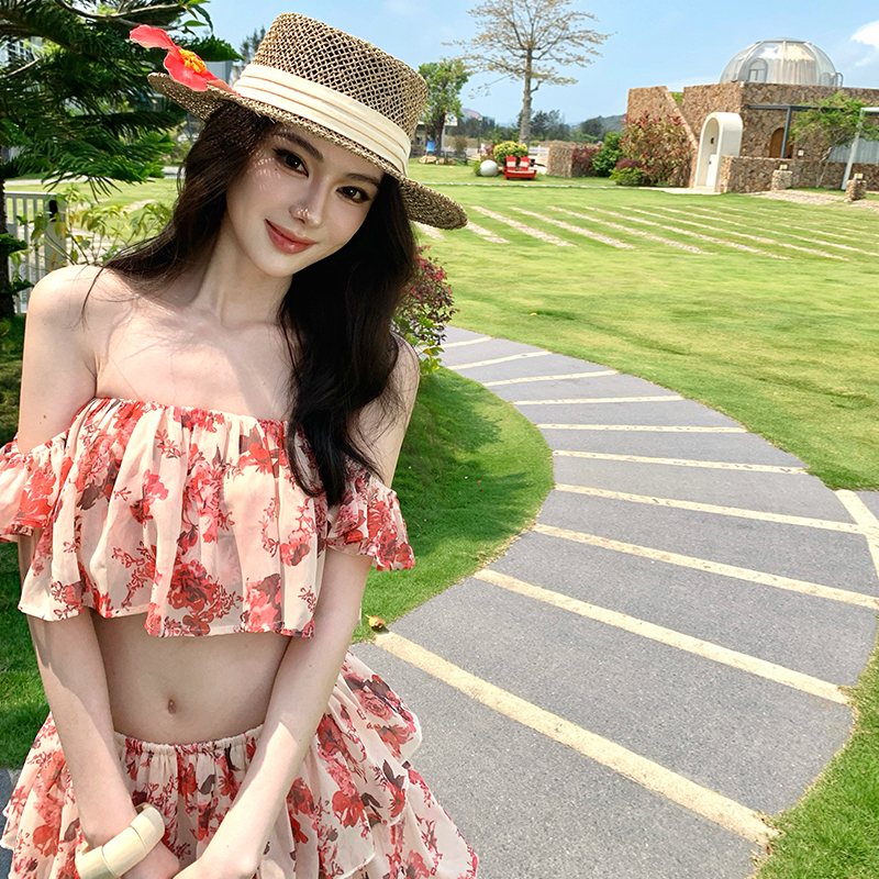 法式碎花長裙純欲大擺高腰半身長裙度假風夏套裝