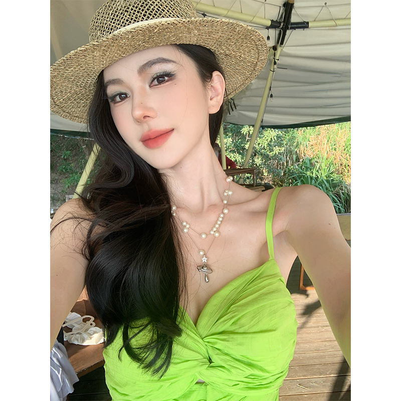 度假風收腰開衩彈力氣質大擺裙海邊度假長裙