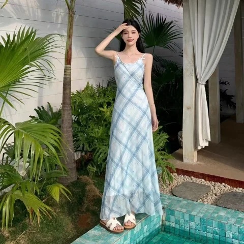 MY10853# 夏季新款韩版女装条纹蕾丝花边蝴蝶结 吊带连衣裙高腰A字长裙女裝貨源服裝批發