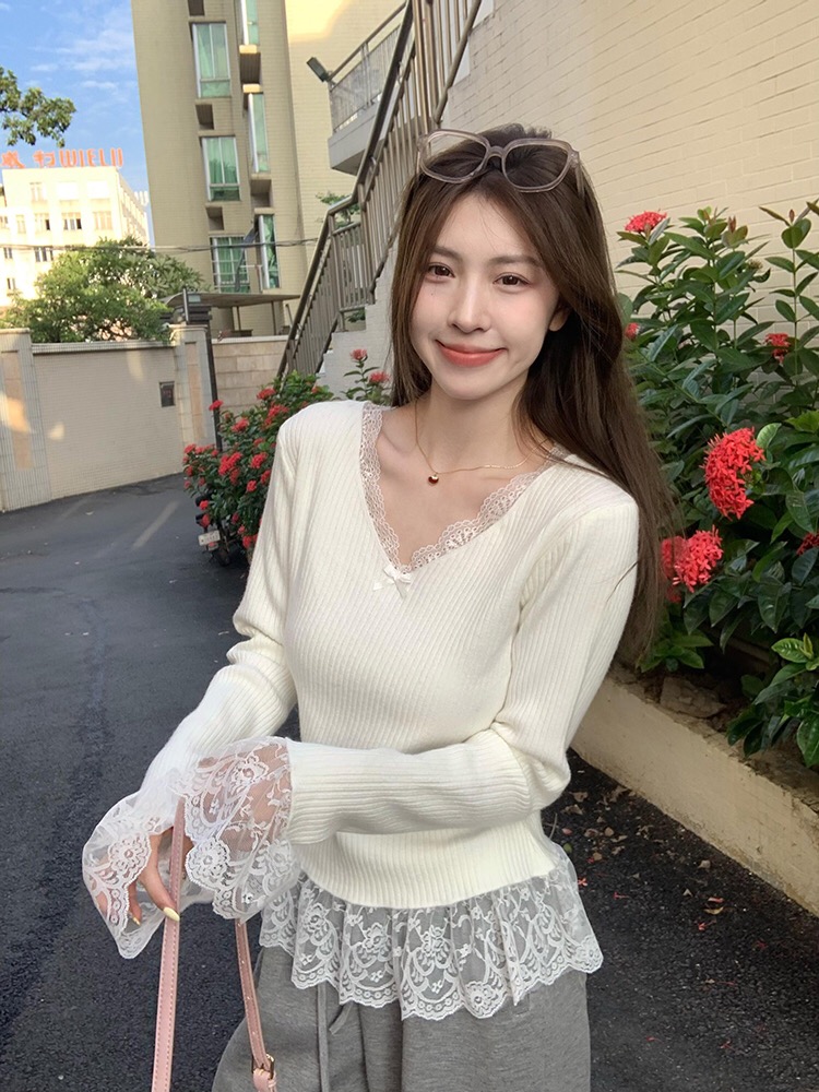 MY15524# 纯欲蝴蝶结蕾丝边V领长袖针织打底衫女甜美修身内搭毛衣上衣...