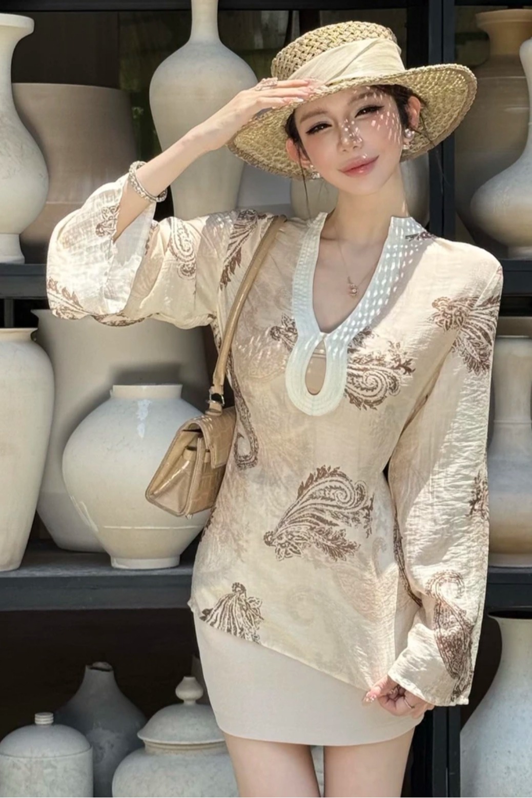 MY12051# 粉红PINK丨百穿不腻老钱风天丝亚麻撞色拼接上衣女裝貨源...