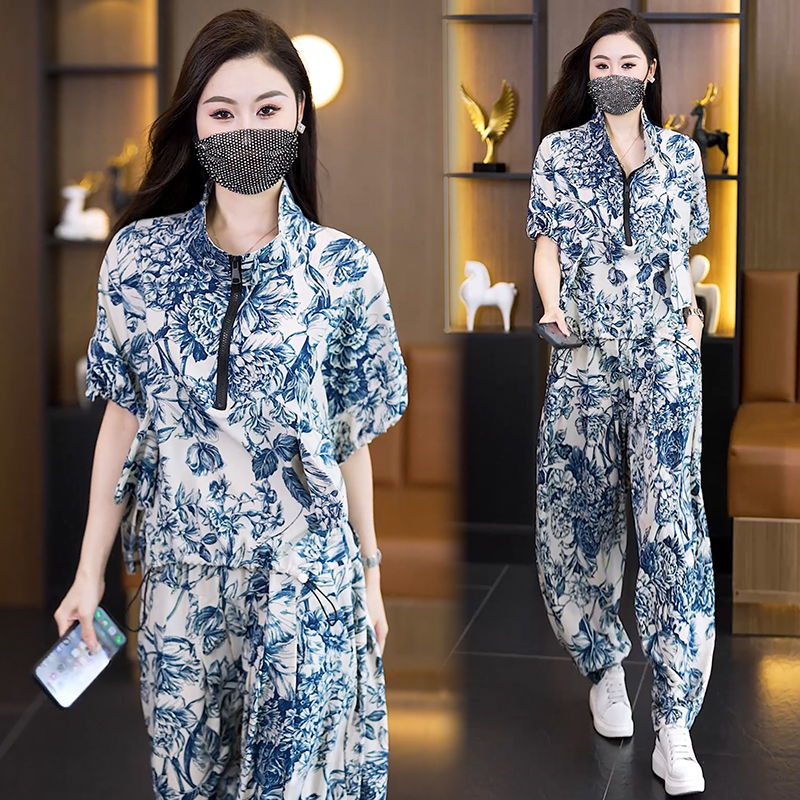 MY12445#夏季新款洋气大码女装套装胖MM时尚宽松显瘦哈伦裤两件套女裝...