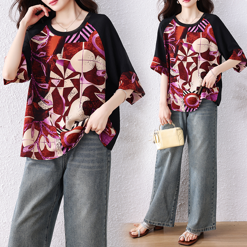 RY1353# 实拍2026夏季新款胖妹妹时尚减龄宽松遮肉显瘦拼接印花T恤...