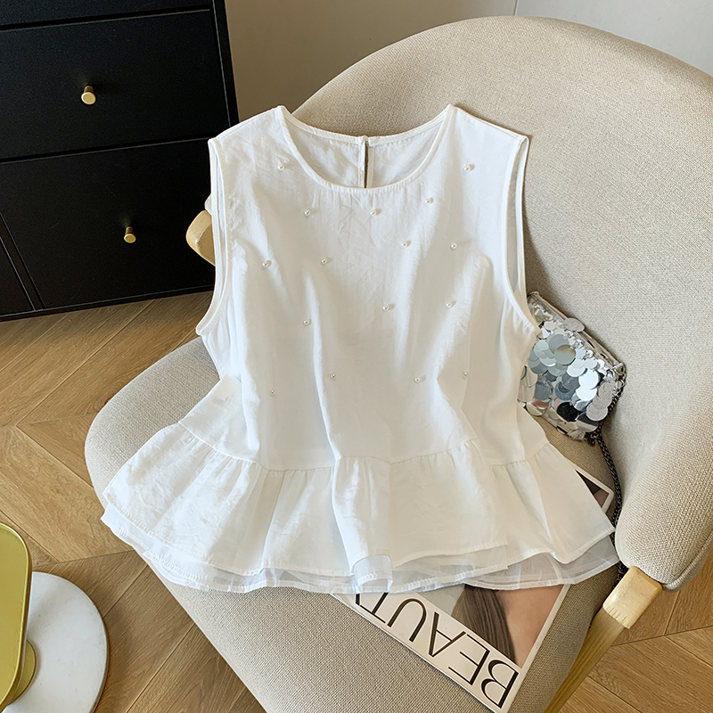 MY9911# 钉珠荷叶边无袖拼接衬衫新款设计感时髦小衫女裝貨源服裝批發