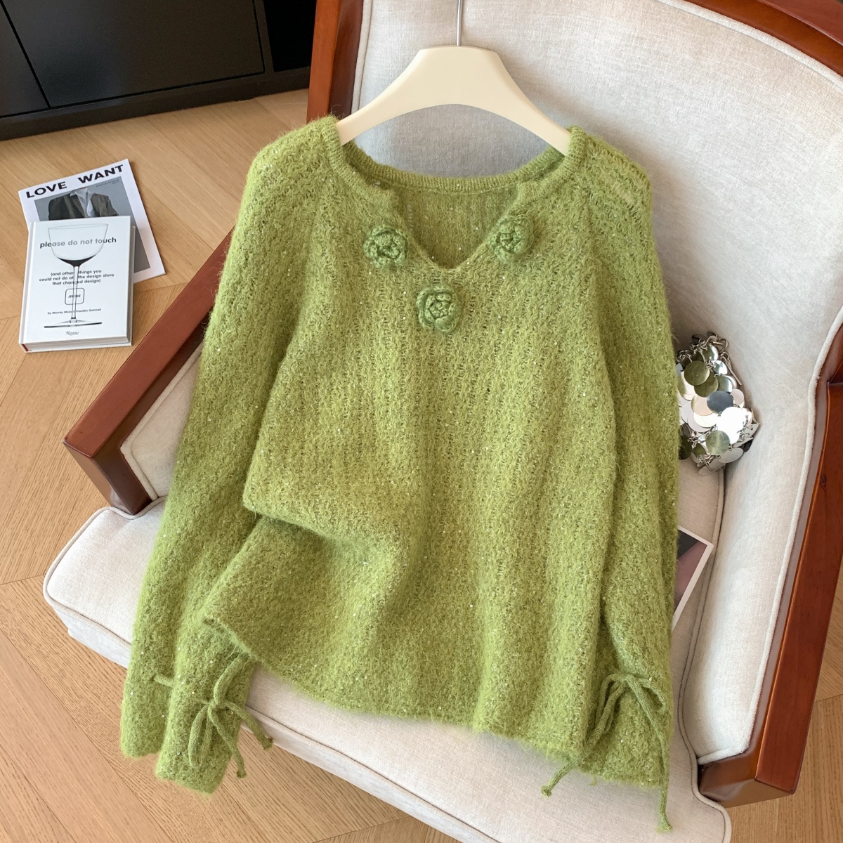 MY14657# 小香风工艺花朵洋气毛衣新款设计感亮片宽松气质上衣女裝貨源服裝批發