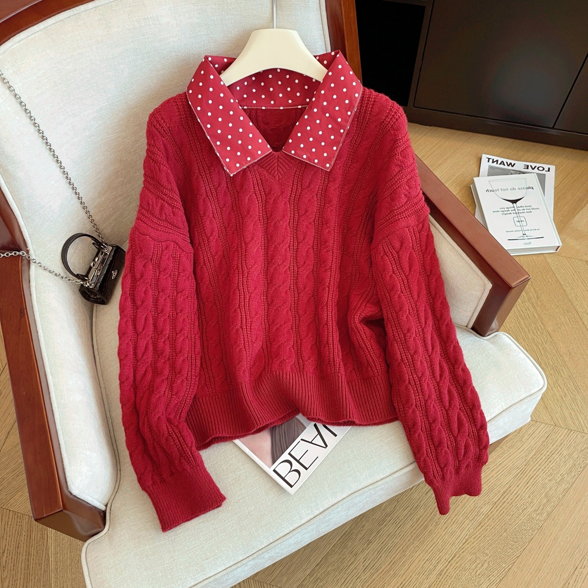 MY16548# 港风气质波点翻领拼接毛衣假两件新款洋气外穿显瘦针织女裝貨...