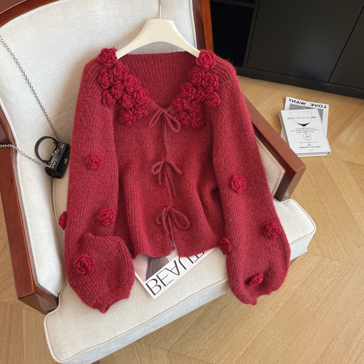 MY16544# 优雅风工艺花朵气质毛衣新款显瘦系绳保暖宽松外套女裝貨源服...