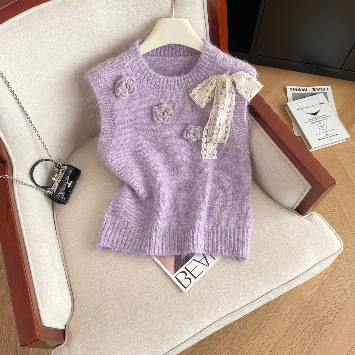 MY16540# 新款洋气飘带钩花无袖马甲女显瘦叠穿气质优雅舒适背心女裝貨...