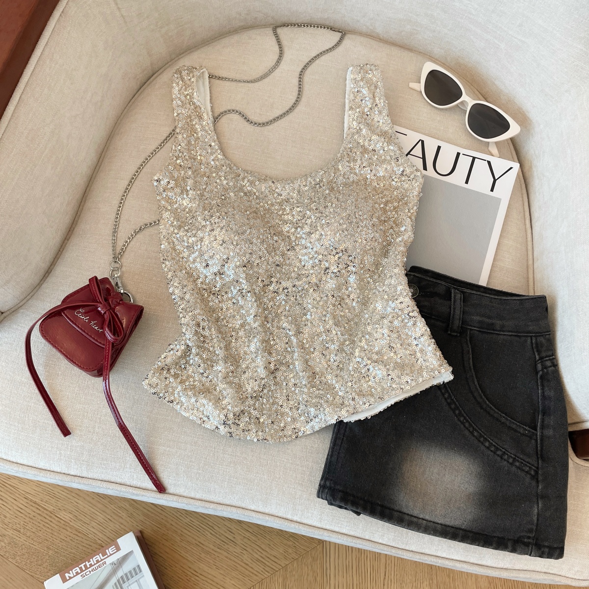 MY16541# 新款高级感亮片性感后背镂空美背女一体固定杯显瘦抹胸女裝貨...