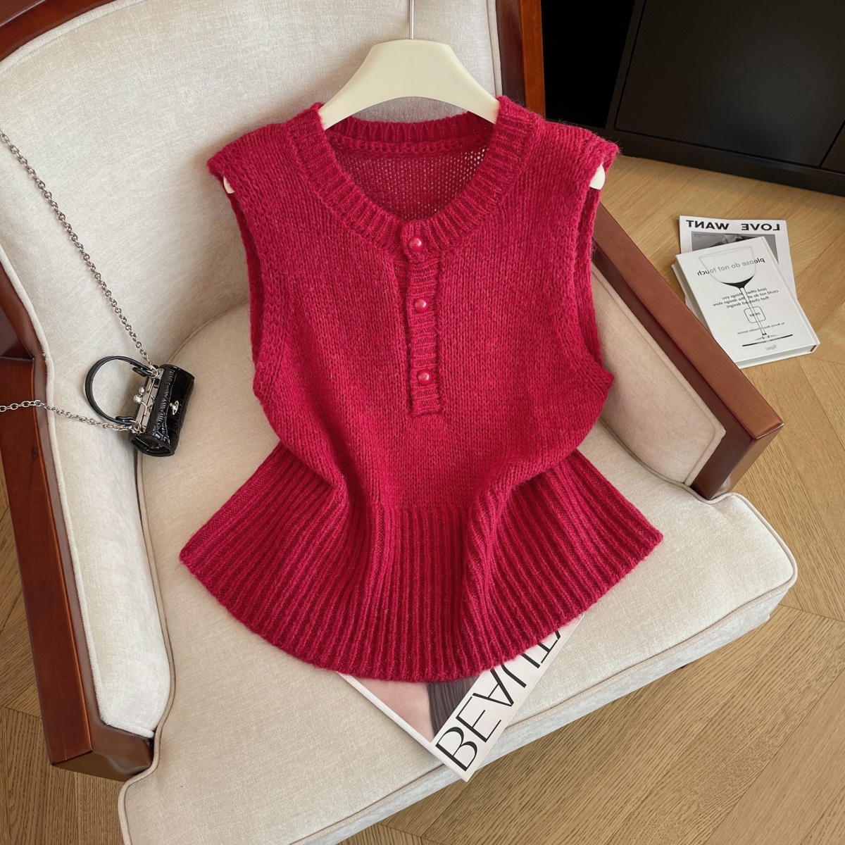 MY16542# 新款优雅显瘦叠穿马甲女设计感半开领洋气裙摆无袖上衣女裝貨...