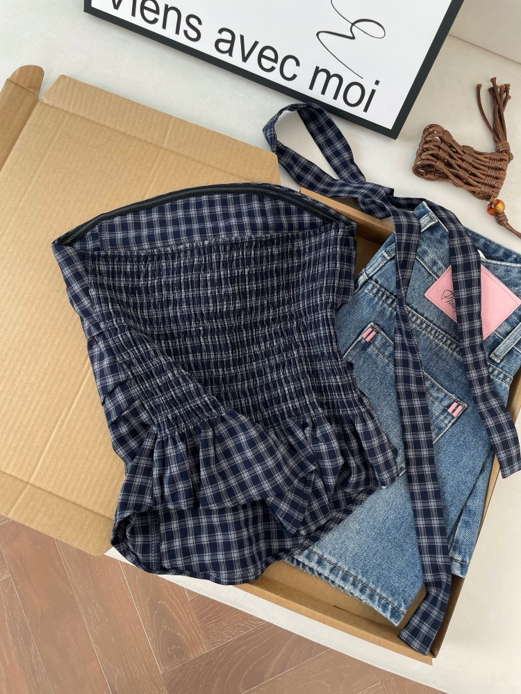 實拍高級感顯瘦格紋背心抹胸女夏季新款韓系氣質百搭純欲飄帶上衣