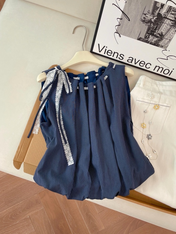 實拍韓系設計感系繩顯瘦襯衫女夏季新款甜美花苞百搭氣質漂亮短袖