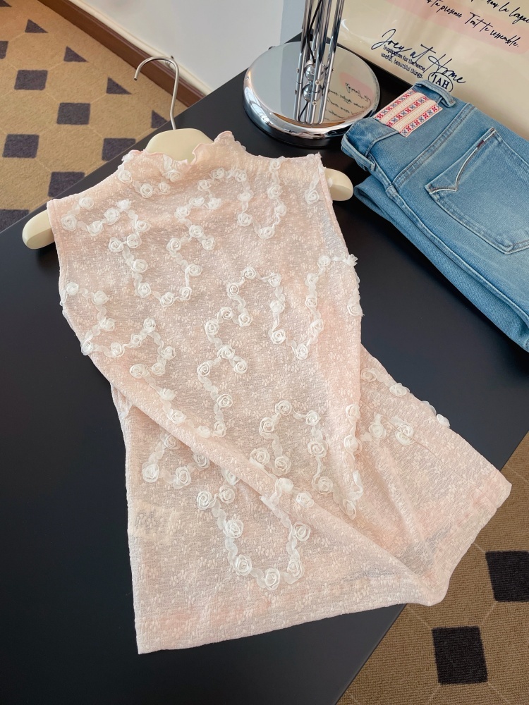 實拍高級感工藝立體花氣質百搭無袖上衣女夏季新款顯瘦洋氣短袖