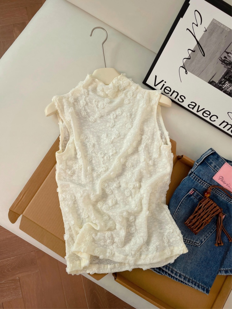 實拍高級感工藝立體花氣質百搭無袖上衣女夏季新款顯瘦洋氣短袖