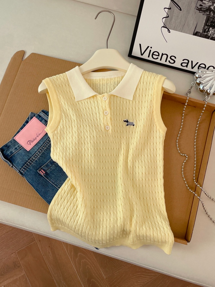 實拍工藝刺繡洋氣減齡無袖針織上衣女夏季新款polo領學院風背心