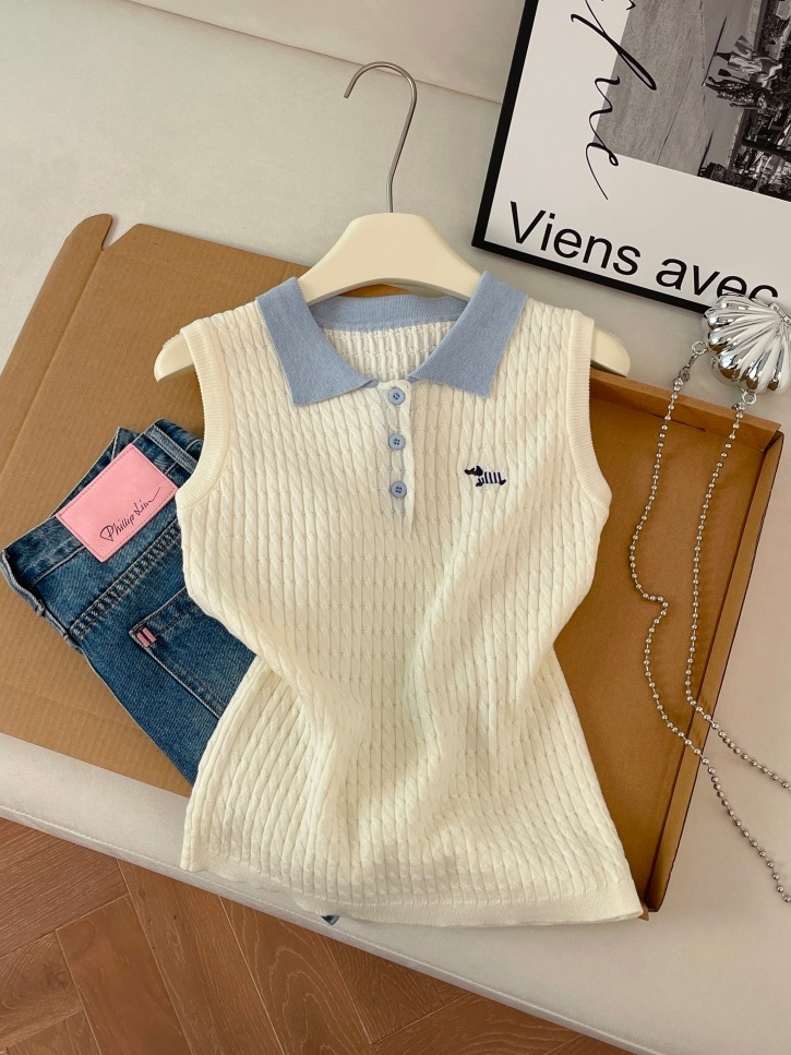 實拍工藝刺繡洋氣減齡無袖針織上衣女夏季新款polo領學院風背心