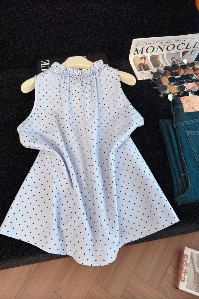 實拍韓系木耳邊顯瘦無袖襯衫女夏季新款設計感波點寬松洋氣上衣