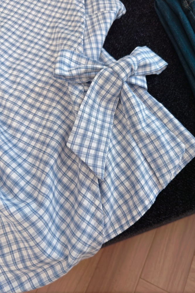 實拍經典顯瘦洋氣格子襯衫女夏季新款設計感蝴蝶結綁帶甜美上衣
