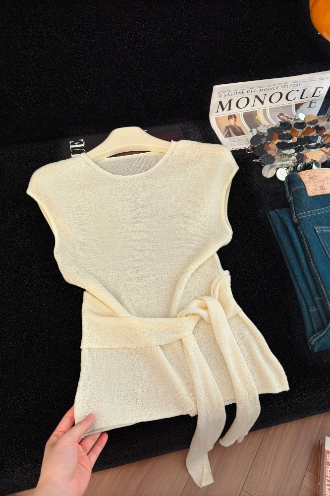 實拍設計感顯瘦洋氣綁帶針織短袖女夏季新款外穿百搭舒適純色上衣