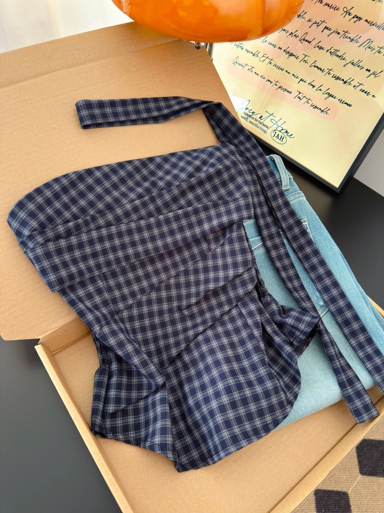 實拍高級感顯瘦格紋背心抹胸女夏季新款韓系氣質百搭純欲飄帶上衣