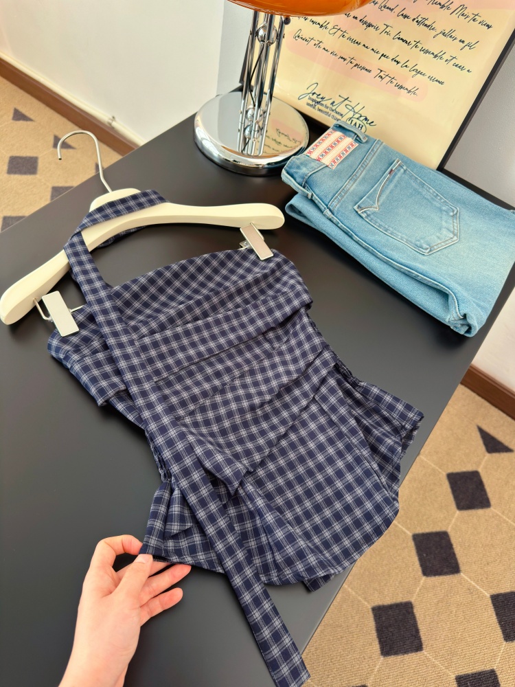 實拍高級感顯瘦格紋背心抹胸女夏季新款韓系氣質百搭純欲飄帶上衣
